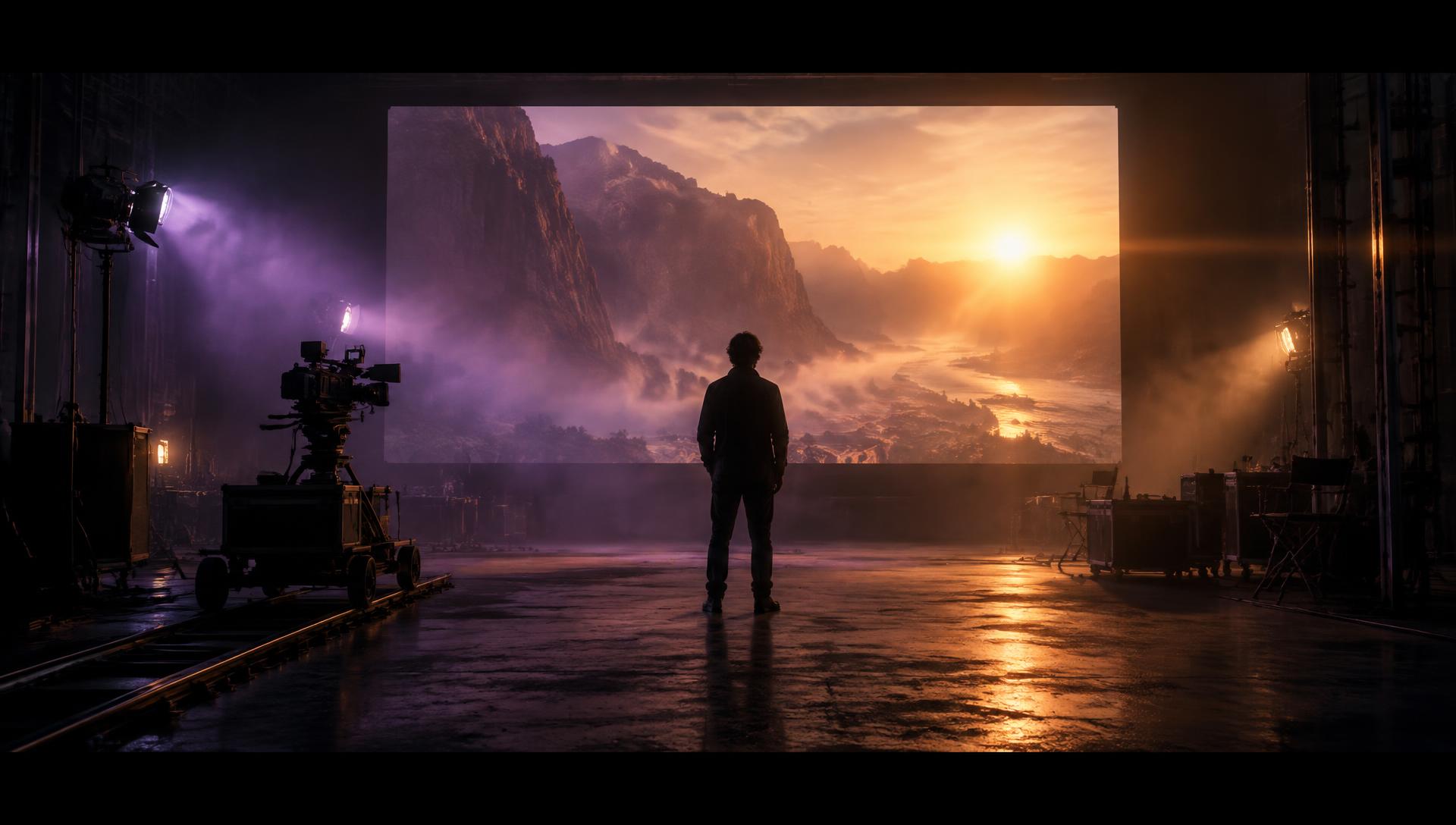 Filmmaker before a glowing projection screen
